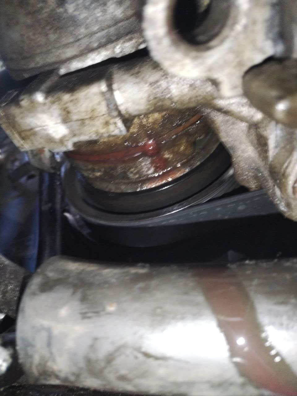 Engine bay close-up: wet, oily area with reddish stains around a pulley and drive belt (power steering return hose leak); the hose itself is not clearly identifiable