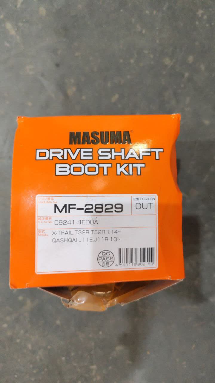 Masuma "Drive Shaft Boot Kit" MF-2829 retail box, OEM number C9241-4ED0A, labeled for Nissan X-Trail T32R/T32RR (2014+) and Qashqai J11/J11R (2013+), position "OUT" (outer boot)
