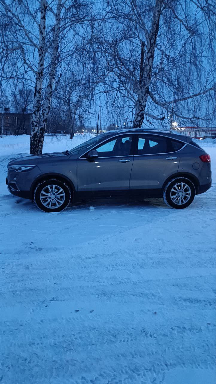 Exterior side-view photo of the same grey 2020 X80 parked among birch trees at winter dusk