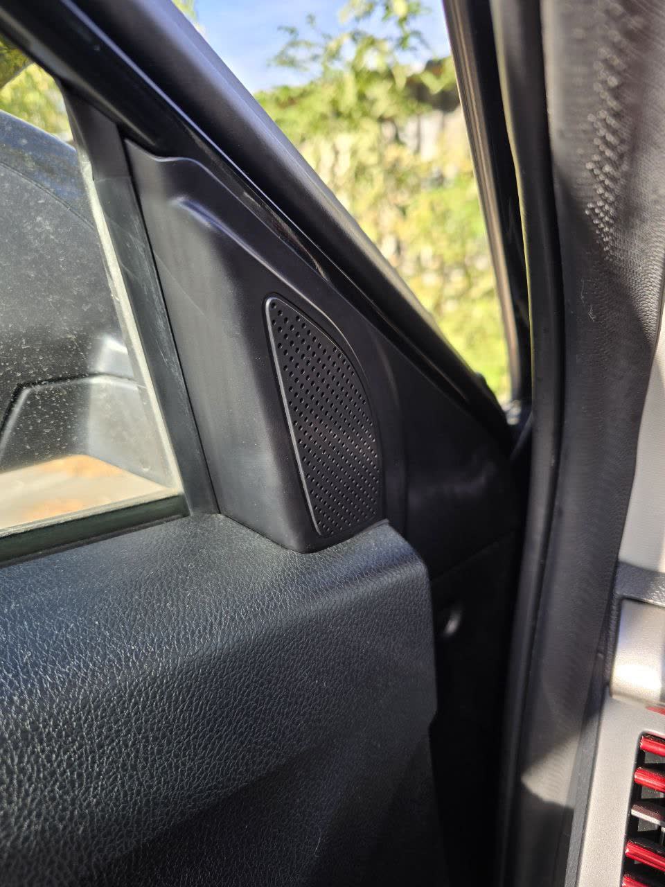 Door panel tweeter mounting area with perforated grille and speaker cavity