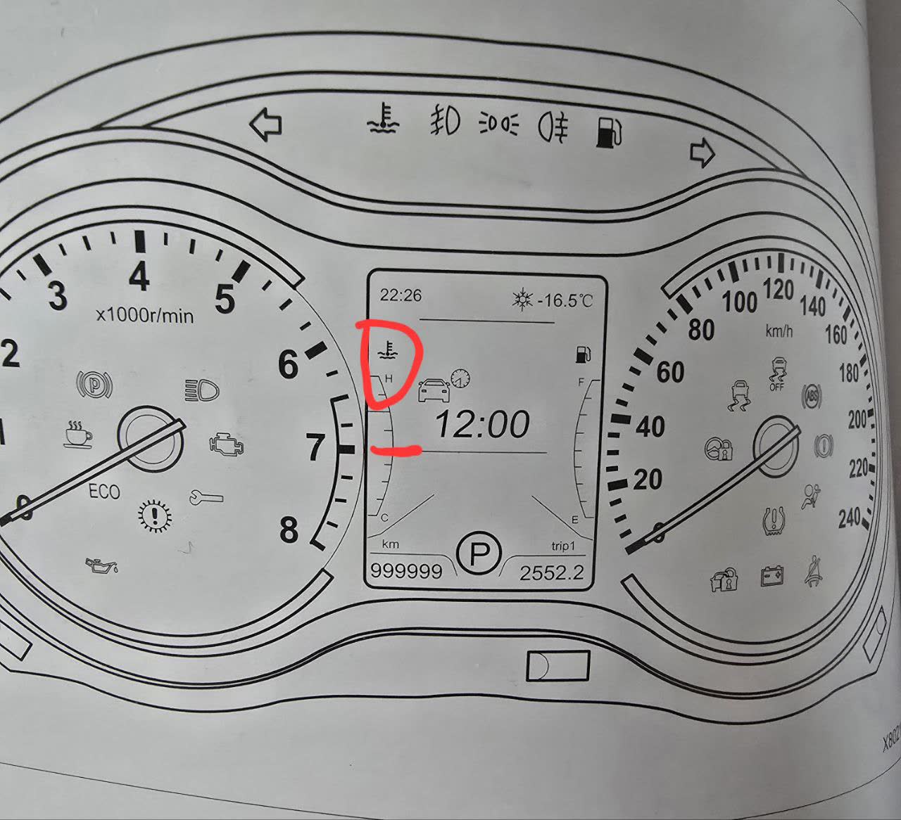 Dashboard showing temperature gauge at mid-scale and speed warning cup icon