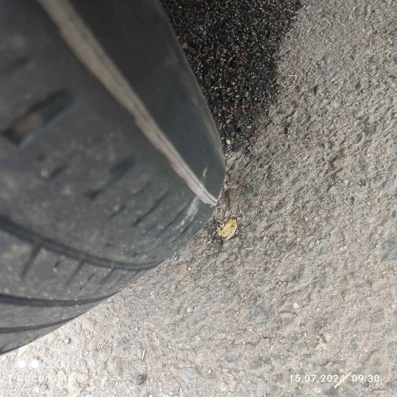 Front tire worn down to the cord/canvas on the inner edge, extremely bald inner sidewall, with the outer tread still intact; yellow paint mark visible on the tire (photo dated 2024-07-15, after alignment done to Mazda CX-5 parameters)