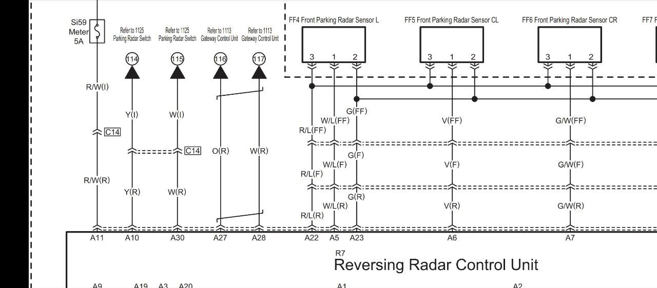 Wiring diagram showing the parking-radar control unit's connections to the four parking-radar sensors over the CAN data bus