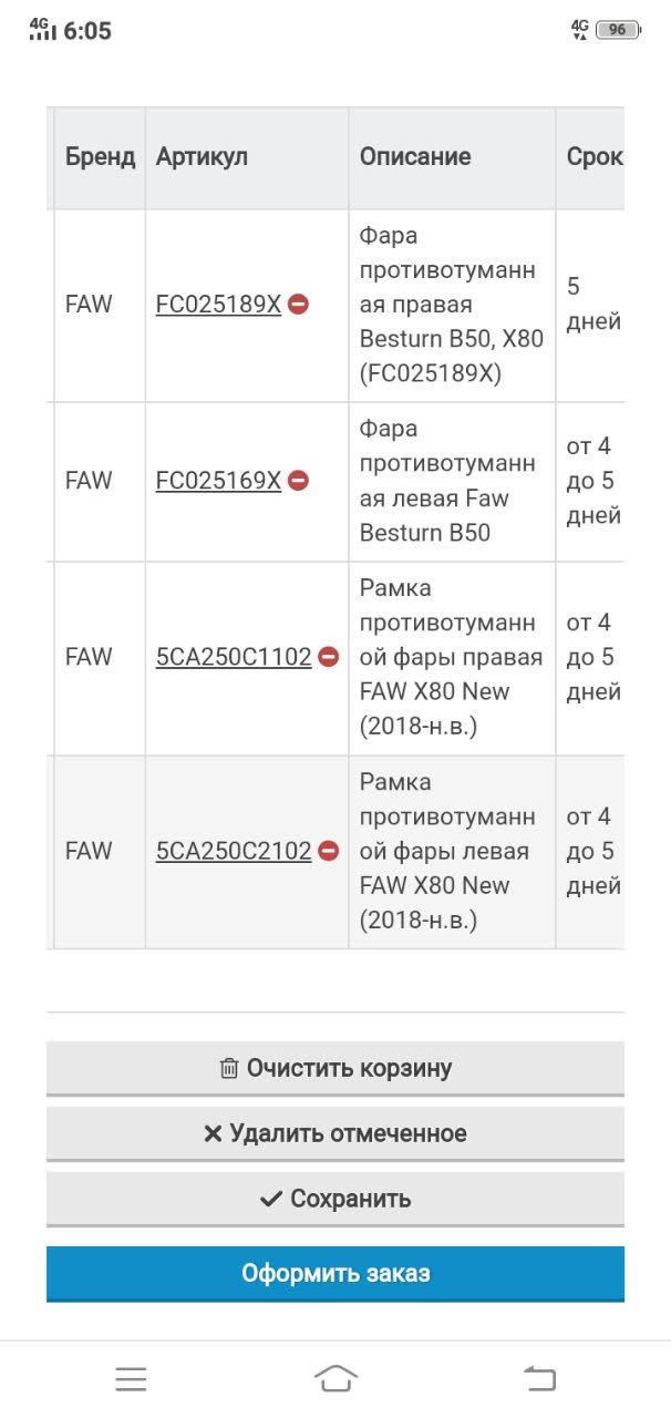 Catalog screenshot showing fog light part numbers and pricing (FC025189X 460 RUB, FC025169X 580 RUB, 5CA250C1102/5CA250C2102 570 RUB, 4-5 day delivery)