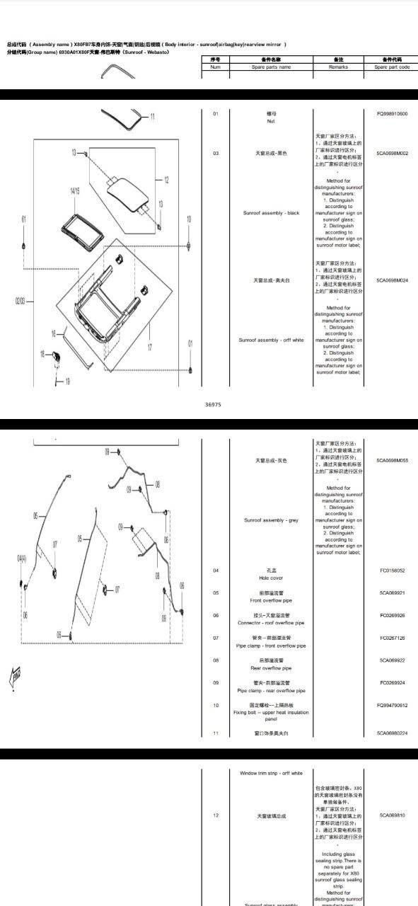 Technical parts diagram of the sunroof assembly with numbered components and cross-references