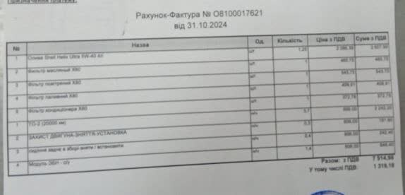 Official dealer invoice (Рахунок-Фактура) dated 31.10.2024, itemized line items with subtotal ~8,000 UAH