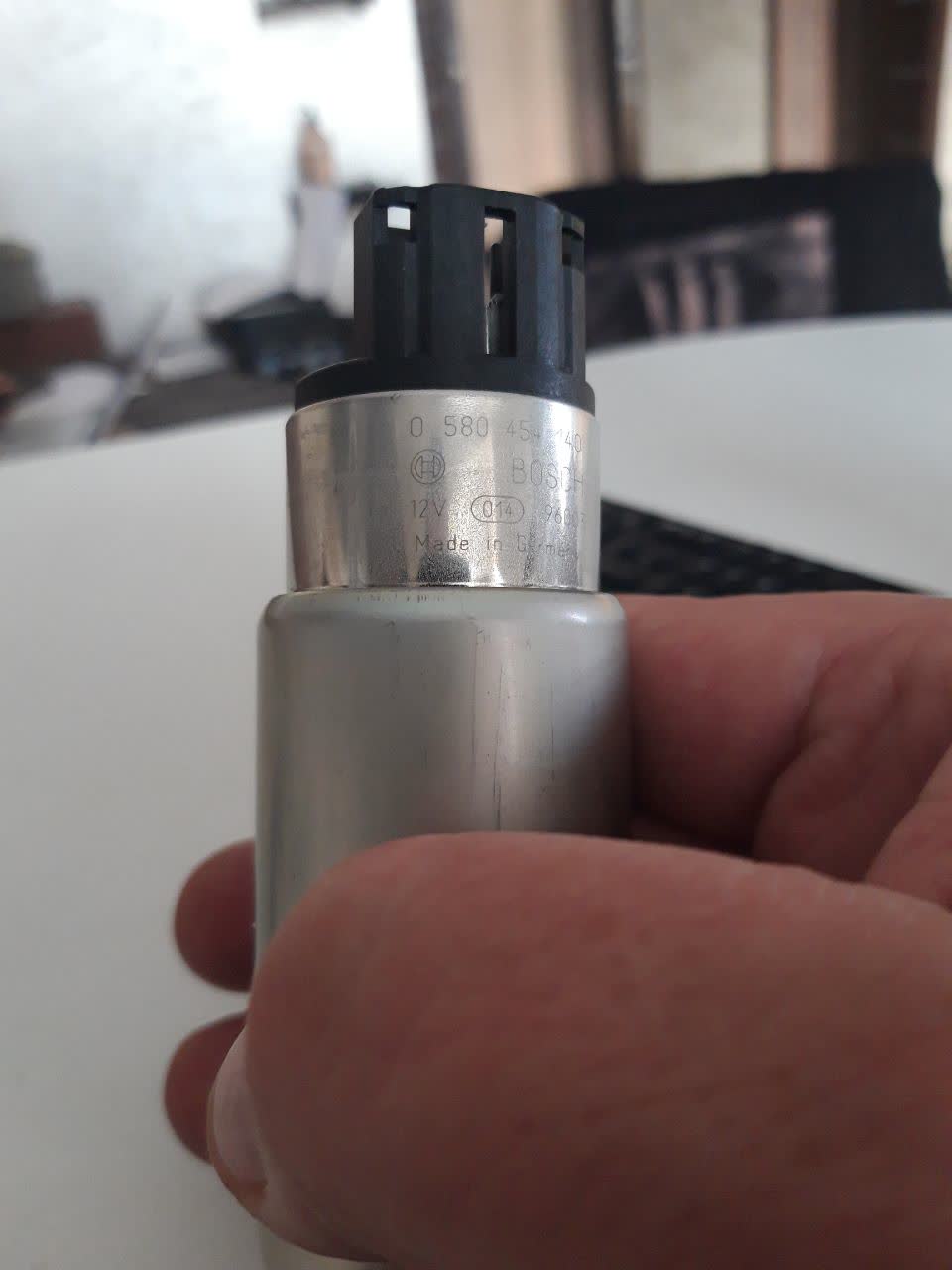 Photo showing the BOSCH replacement fuel pump (originally bought for a Kia Ceed) in the workshop context