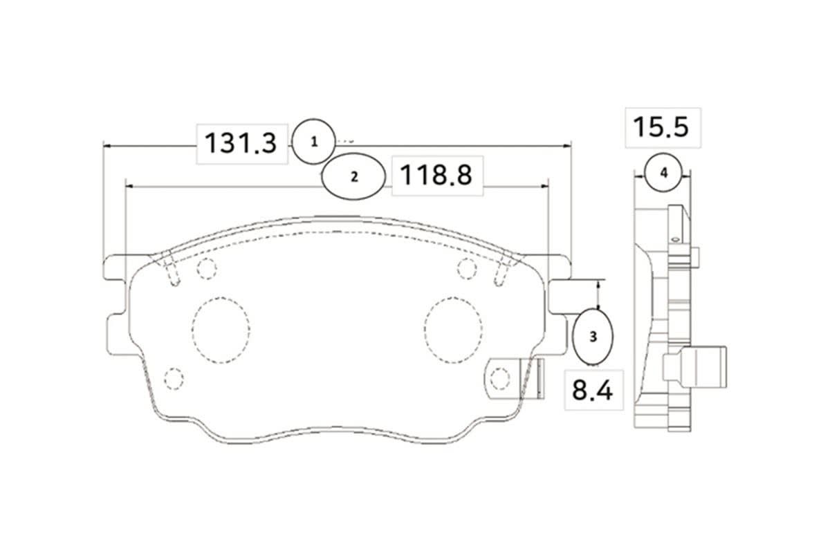 Technical drawing with detailed pad measurements, mounting holes, friction material geometry