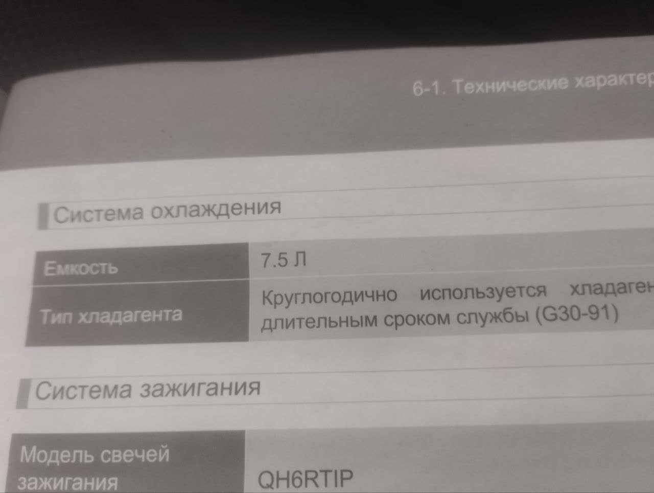 Photo of an owner's manual page listing cooling system specifications: 7.5 L capacity, G30-91 year-round extended-service coolant, and QH6RTIP spark plug/ignition specification