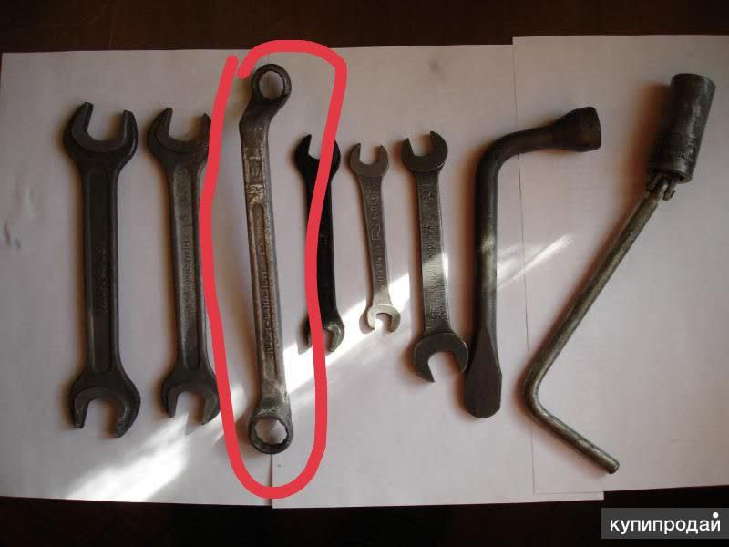 Old Soviet-style open-end wrench used for hub bolt work