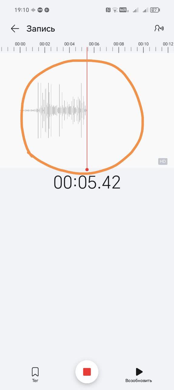 Voice recorder app screenshot showing waveform analysis during a sensor test, with visible frequency peaks indicating ultrasonic signal detection