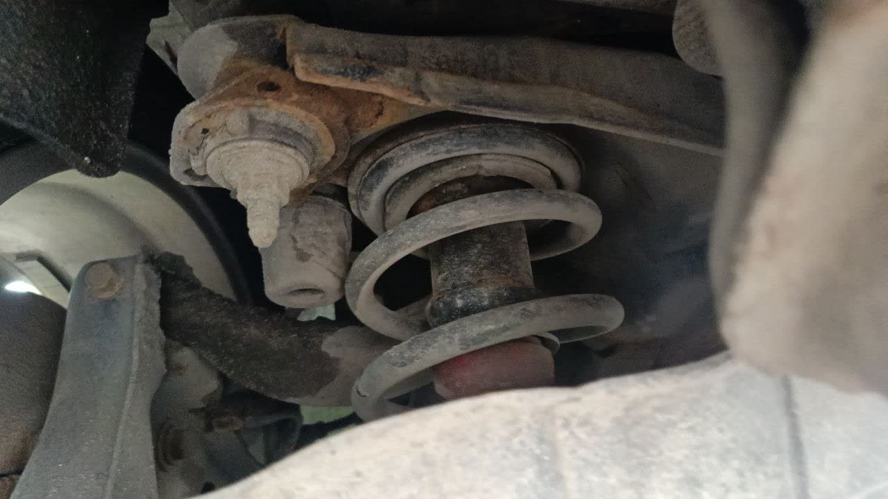 Suspension components being inspected during the grinding/creaking-noise diagnosis