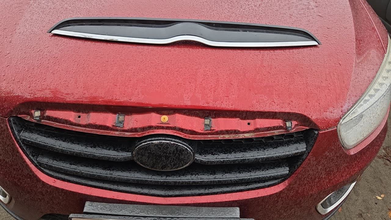 Hood deflector/molding on the front of the hood between headlights, showing thin mounting brackets