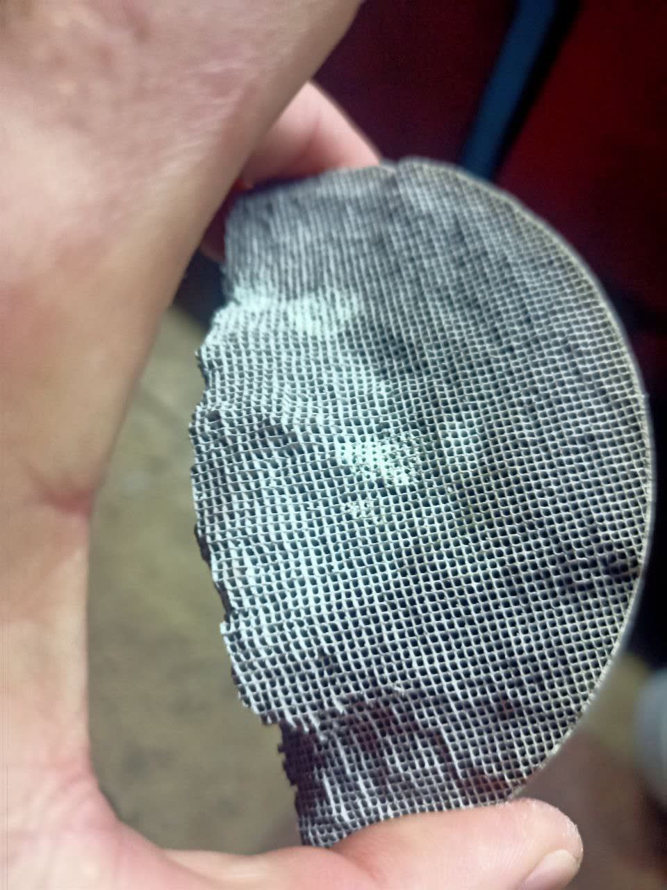 Photo of removed catalytic converter interior showing ceramic honeycomb structure