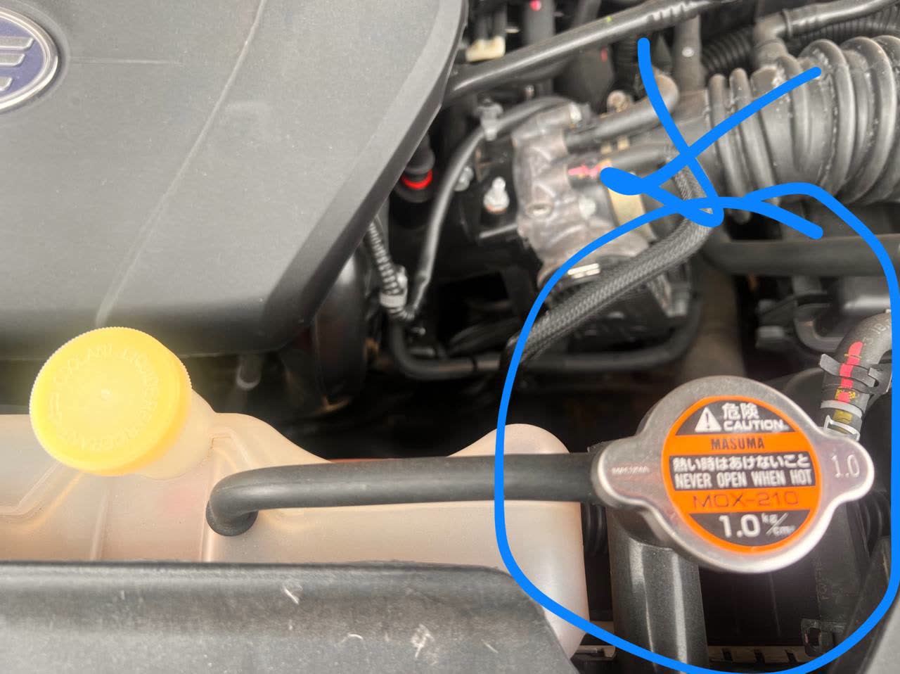 Engine bay photo showing the yellow expansion-tank cap (for routine top-up) and the orange radiator cap (marked "never open when hot," Masuma brand)