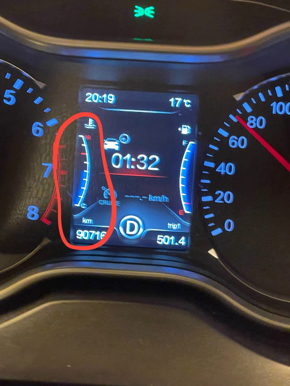 Dashboard temperature gauge showing 5-degree increment display scale