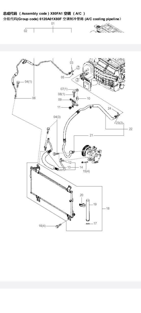 Diagram/photo documenting A/C condenser o-ring seal sizes and locations