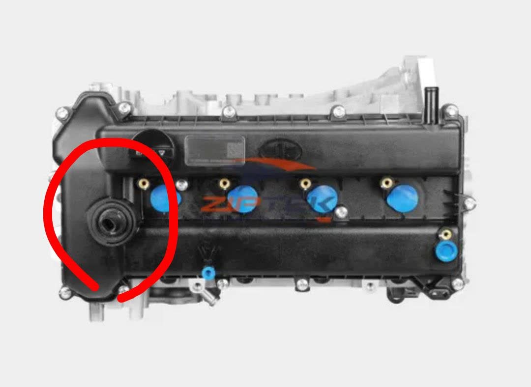 Photo shows cylinder head cover with camshaft position sensor highlighted in a red circle on the left side, positioned above the intake manifold area.