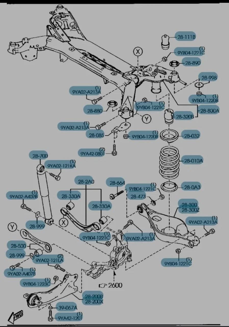 Exploded diagram of a rear suspension with blue-highlighted Mazda part numbers 28-010A, 28-0A3, 28-300, 28-300Z, 28-330A and 28-700