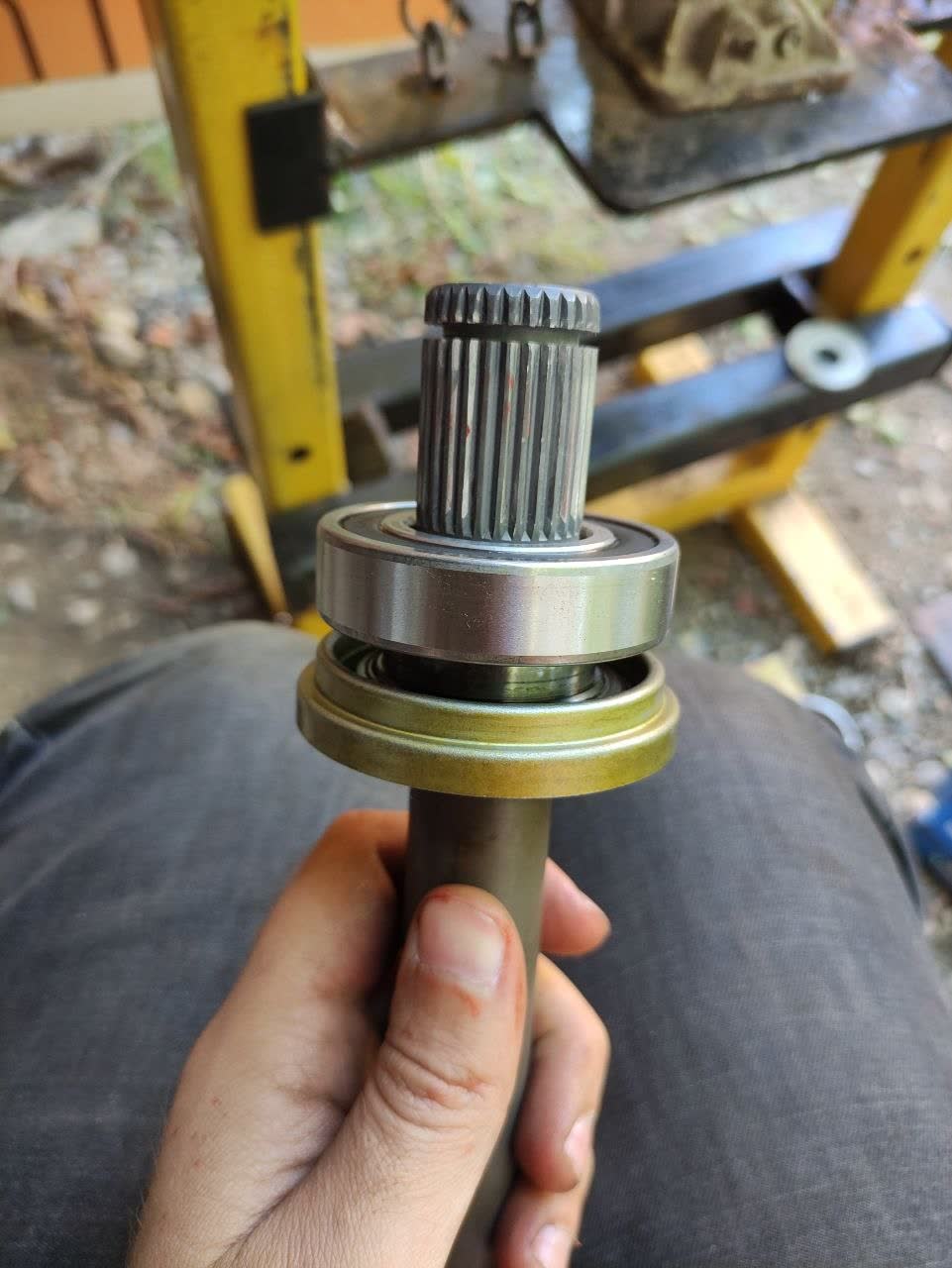 Intermediate shaft with a splined end, a bearing and an oil seal fitted on the shaft