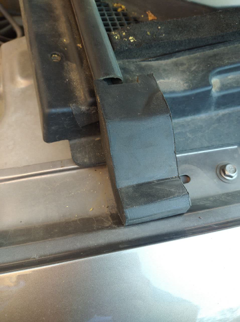 Close-up photo of hood edge rubber seal showing location on fender wing and characteristic shape of the gasket