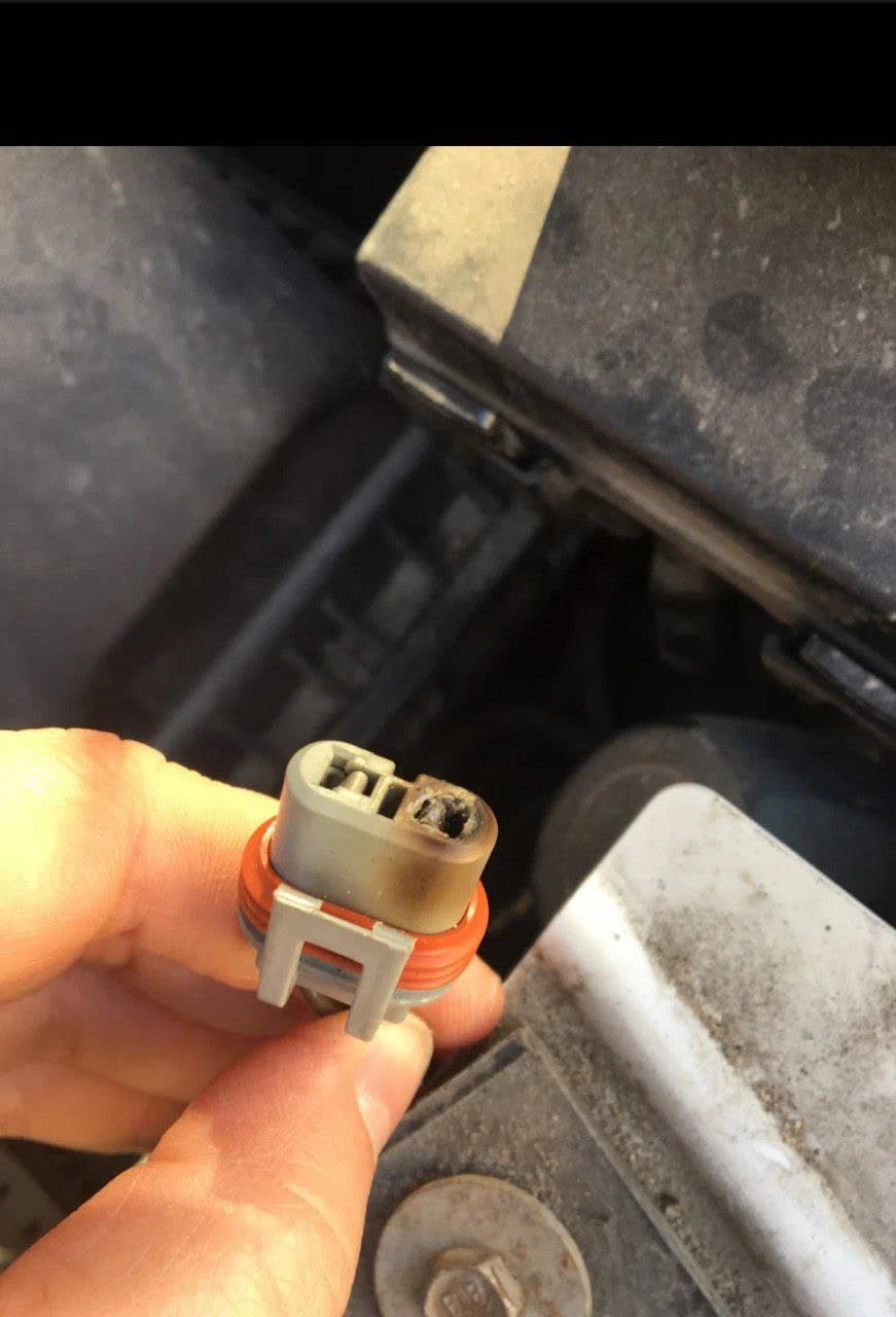 Photo of a headlight connector showing visible corrosion/discoloration