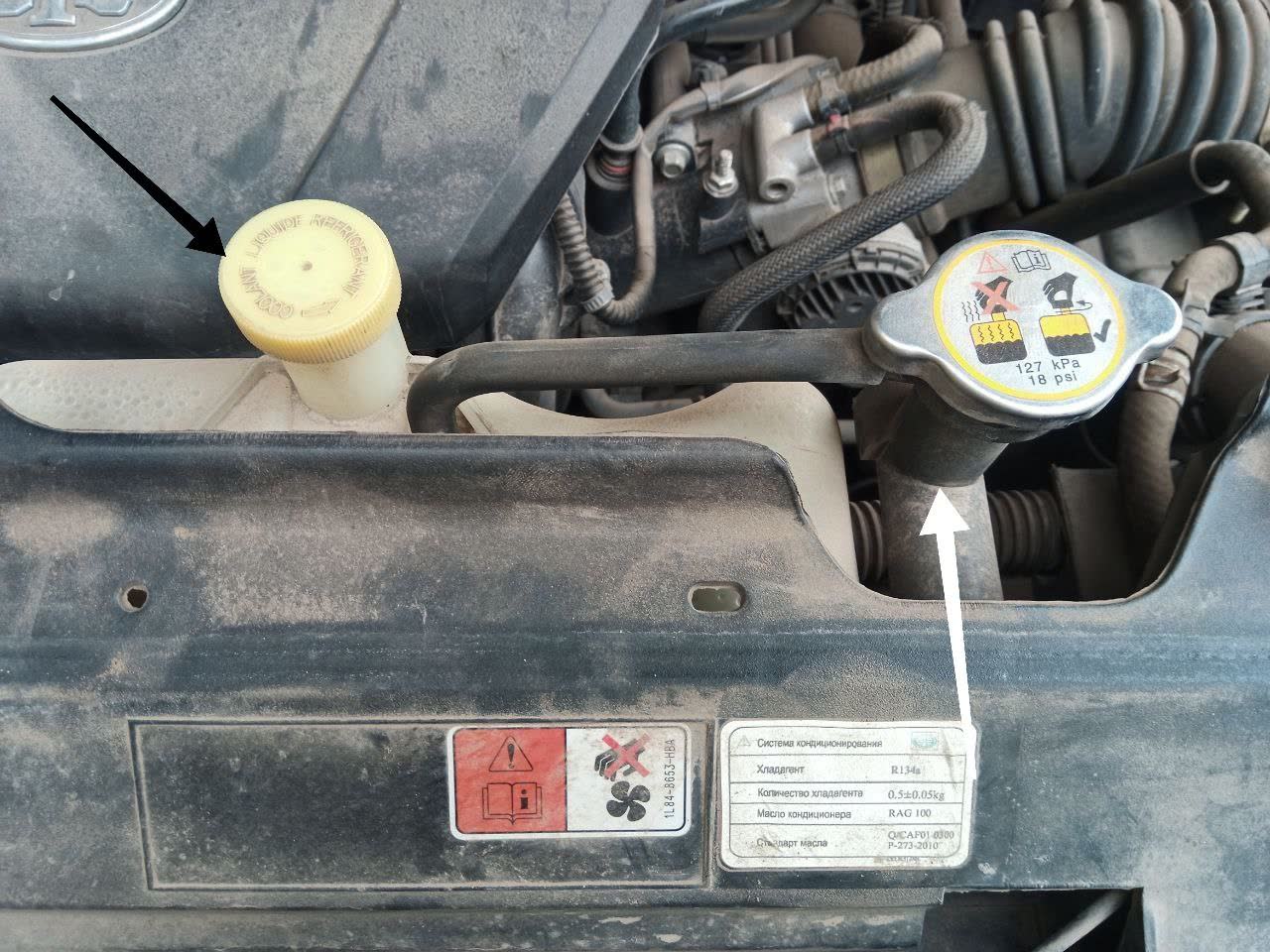 Under-hood A/C charge label showing R134a refrigerant type and RAG 100 compressor oil specification