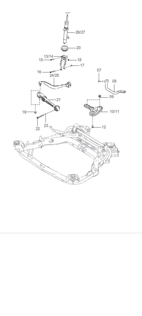 Exploded front suspension parts diagram with numbered references (shock absorber, top mount, lower/upper control arms, stabilizer link); bolt/part #22 identifies the inner lower-control-arm bushing point (FC0134300-2)